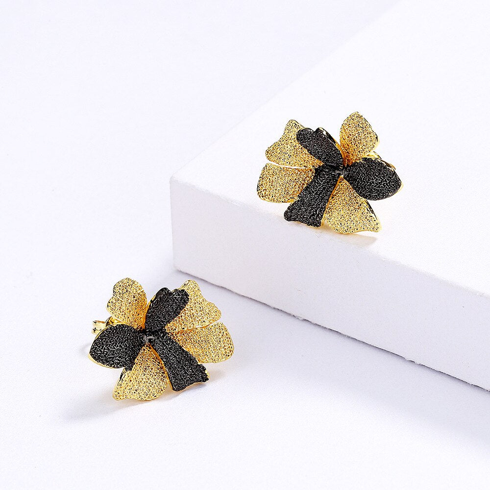 Retro Exaggerated Black Gold Jewelry Two-Tone 925 Silver Flower Earrings Women'S Party Jewelry Earrings