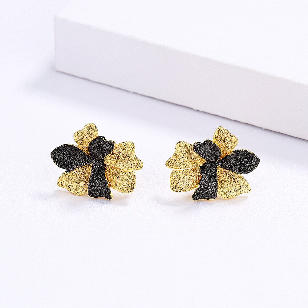 Retro Exaggerated Black Gold Jewelry Two-Tone 925 Silver Flower Earrings Women'S Party Jewelry Earrings