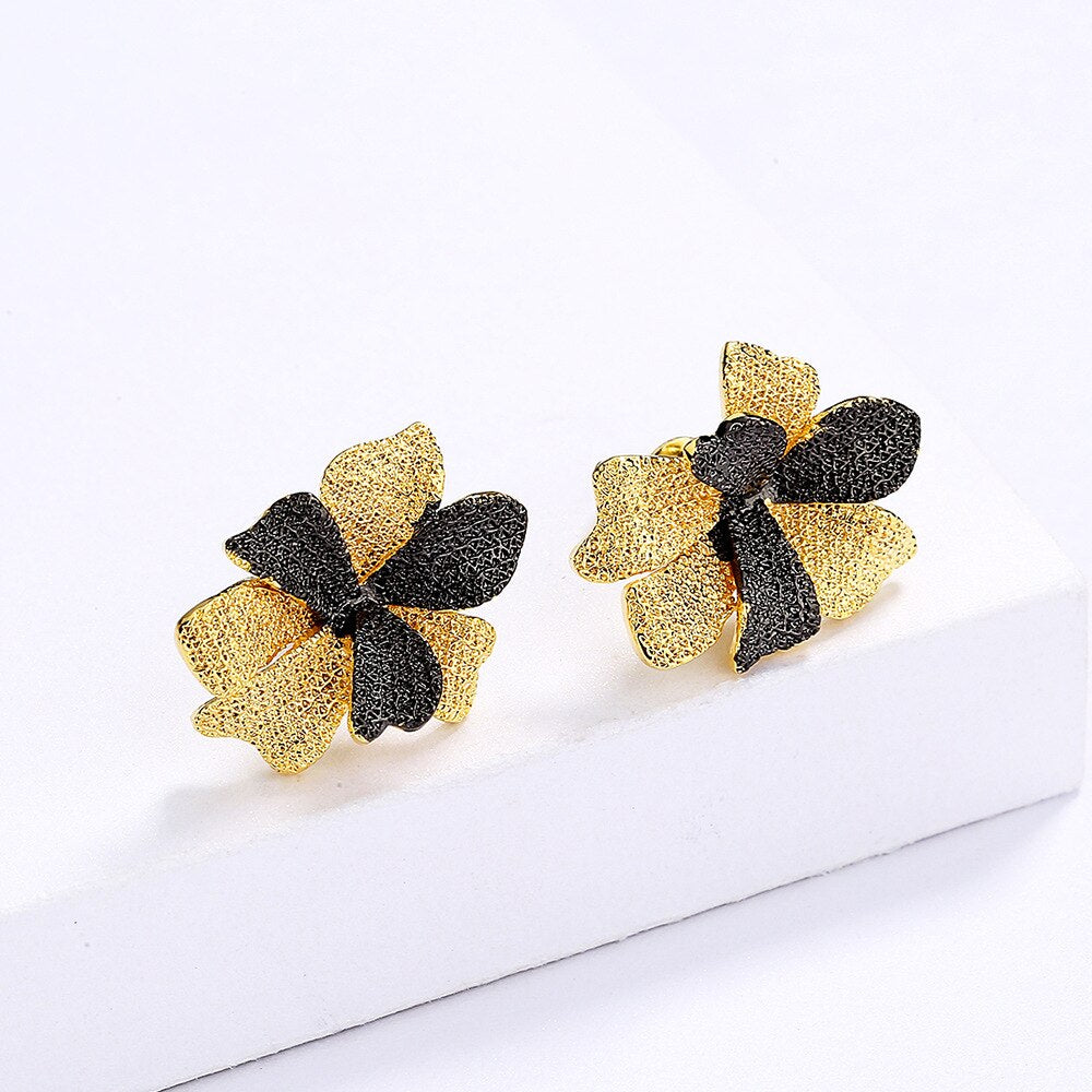 Retro Exaggerated Black Gold Jewelry Two-Tone 925 Silver Flower Earrings Women'S Party Jewelry Earrings