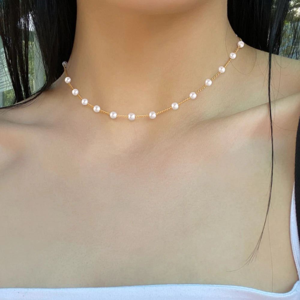 Stainless Steel Necklaces for Women Simple Pearl Necklace Choker Necklace Handmade Strand Bead Chain Necklace Fashion Jewelry