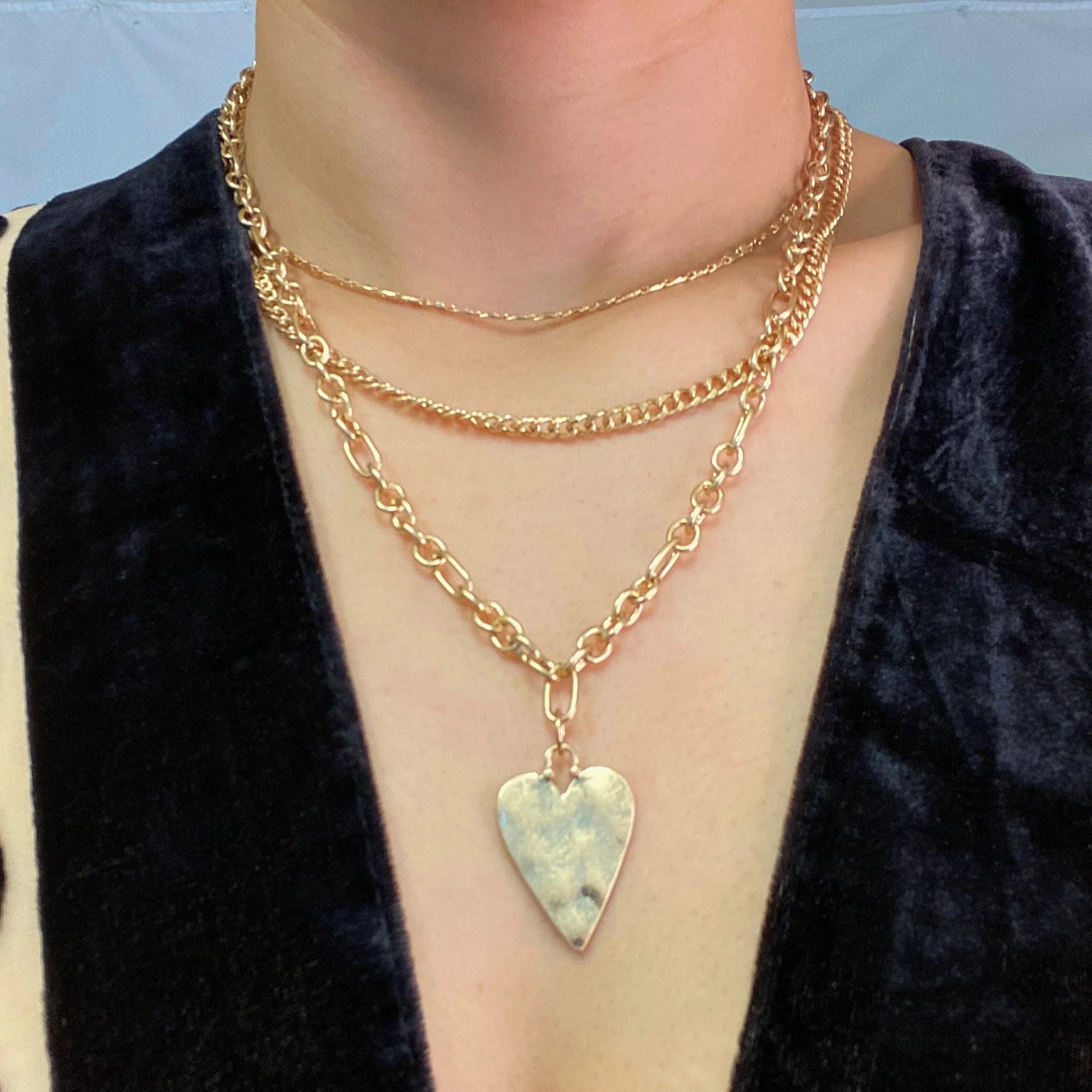 Heart Charm Layered Chain Necklace Set of 3