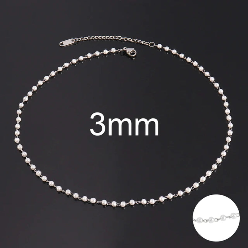 Stainless Steel Necklaces for Women Simple Pearl Necklace Choker Necklace Handmade Strand Bead Chain Necklace Fashion Jewelry