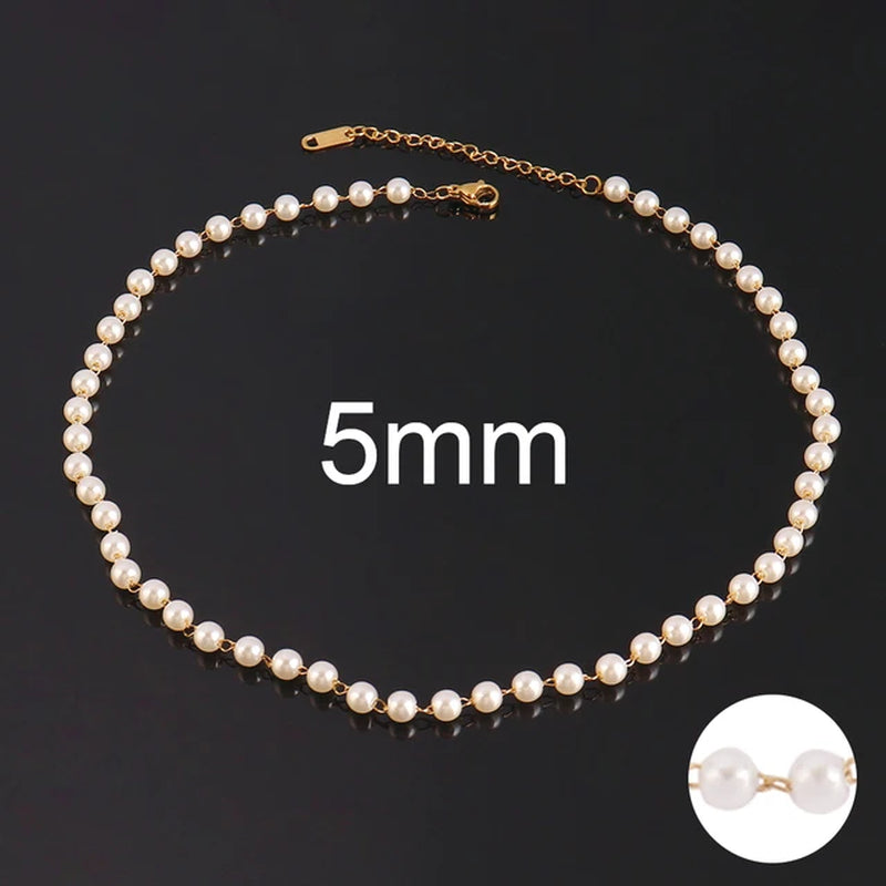 Stainless Steel Necklaces for Women Simple Pearl Necklace Choker Necklace Handmade Strand Bead Chain Necklace Fashion Jewelry