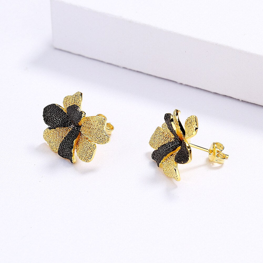 Retro Exaggerated Black Gold Jewelry Two-Tone 925 Silver Flower Earrings Women'S Party Jewelry Earrings