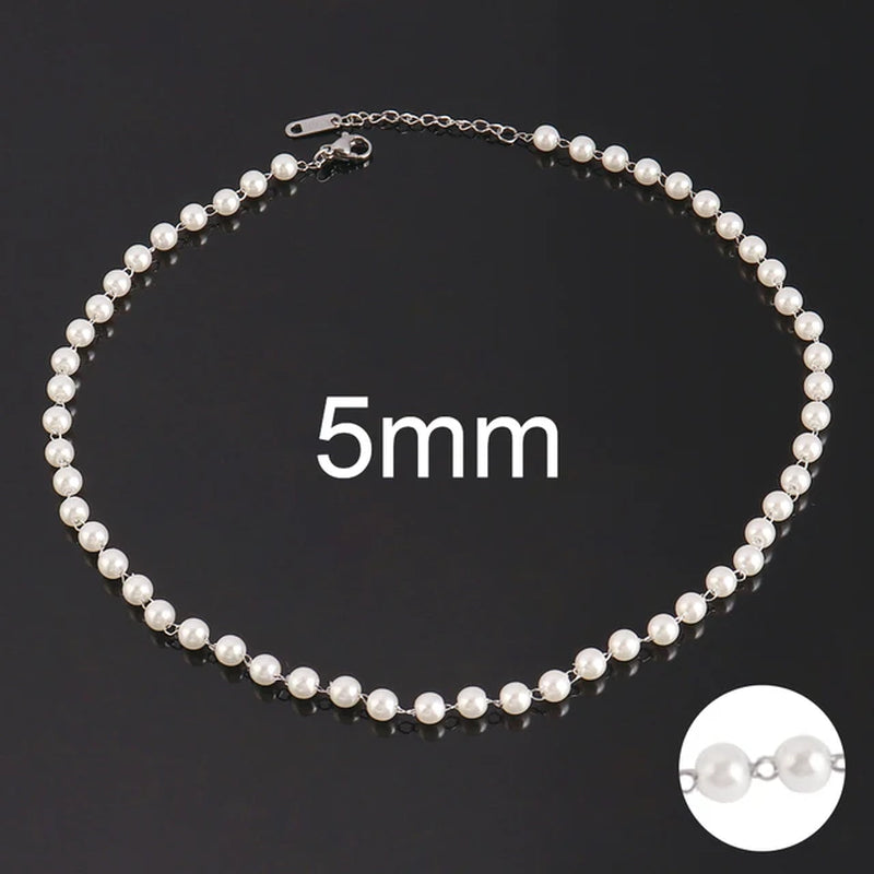 Stainless Steel Necklaces for Women Simple Pearl Necklace Choker Necklace Handmade Strand Bead Chain Necklace Fashion Jewelry