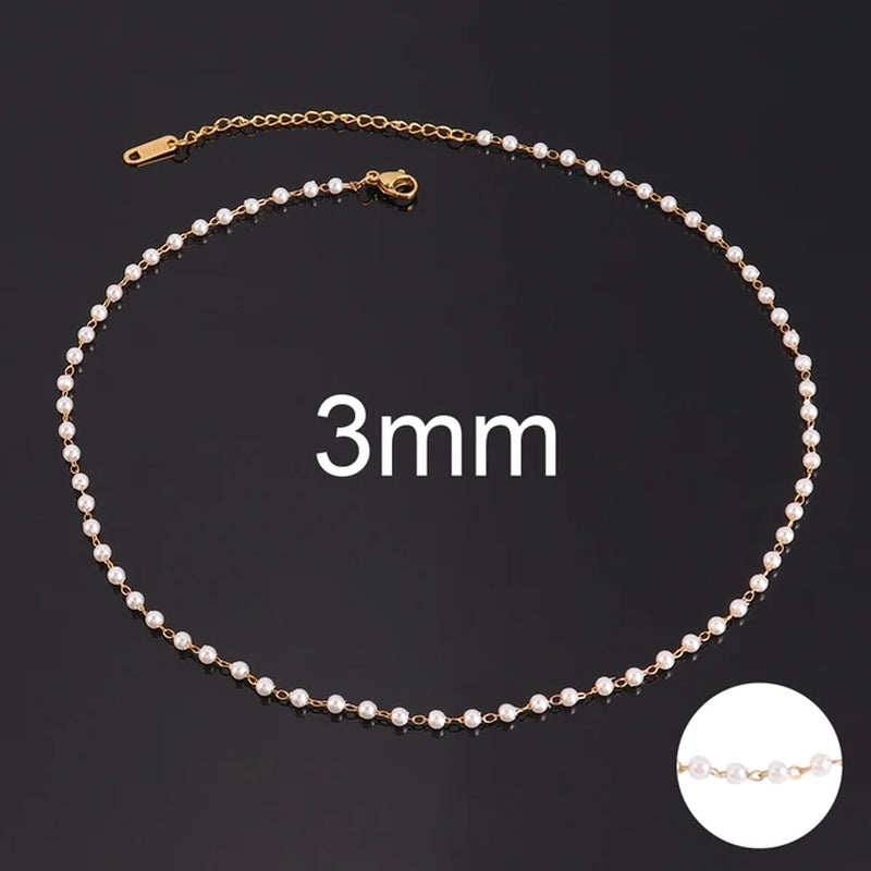 Stainless Steel Necklaces for Women Simple Pearl Necklace Choker Necklace Handmade Strand Bead Chain Necklace Fashion Jewelry