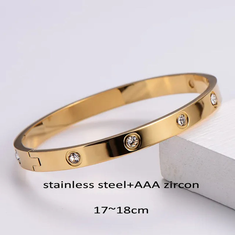 Luxurious Waterproof Colorful Cubic Zirconia Stainless Steel Bangle - Elegant 18K gold Plated Bracelet for Fashionable Women