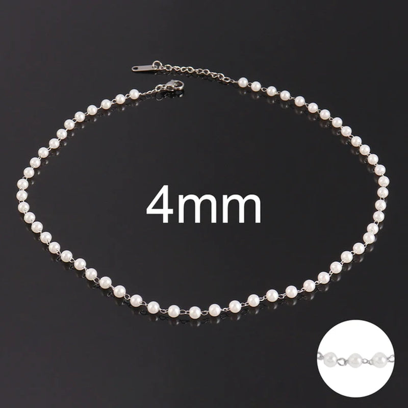 Stainless Steel Necklaces for Women Simple Pearl Necklace Choker Necklace Handmade Strand Bead Chain Necklace Fashion Jewelry