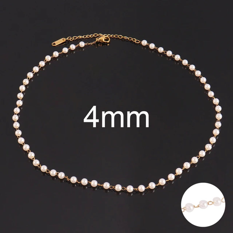 Stainless Steel Necklaces for Women Simple Pearl Necklace Choker Necklace Handmade Strand Bead Chain Necklace Fashion Jewelry